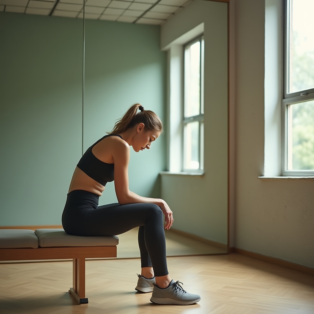 A woman in her forties pausing to reflect while resting on a bench beside a mirror wall in a quiet fitness studio