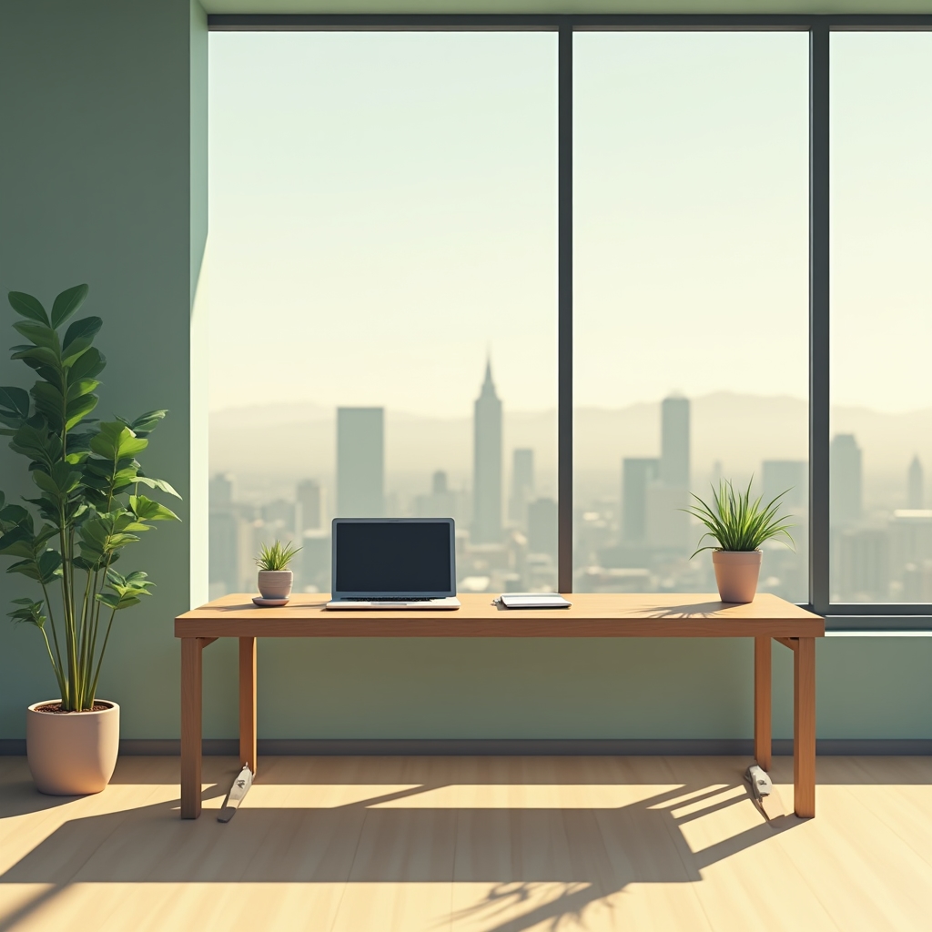 A quiet Denver office workspace with a wooden desk near large windows and soft natural daylight