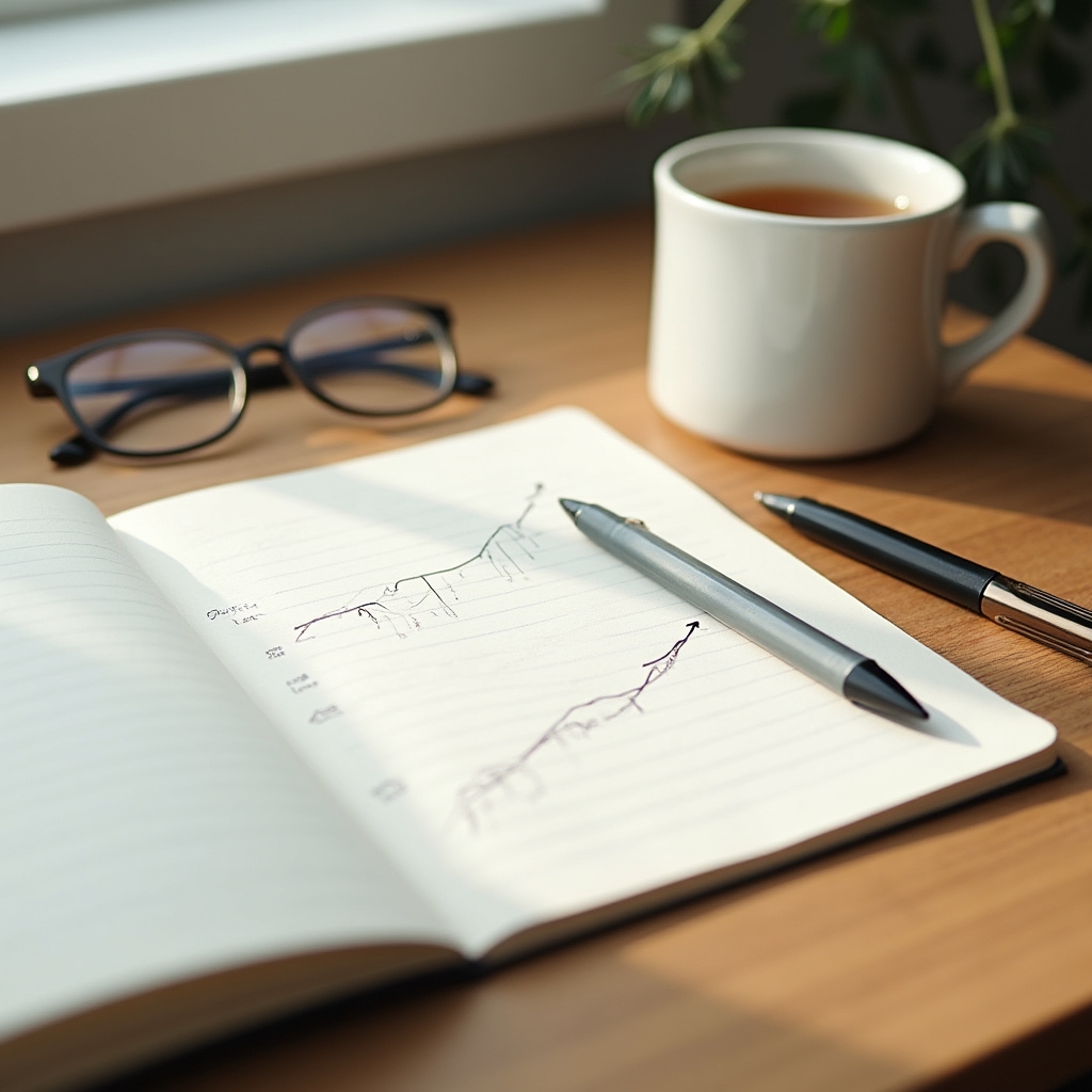 An open notebook with a simple hand-drawn pacing chart next to a cup of tea on a wooden desk