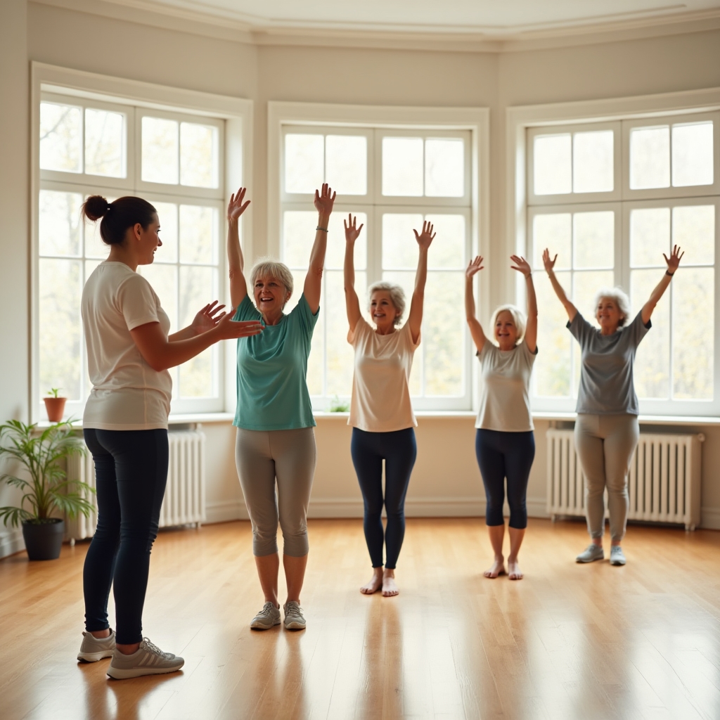 A group of adults of varied ages practicing slow guided mobility movements together in a bright community studio