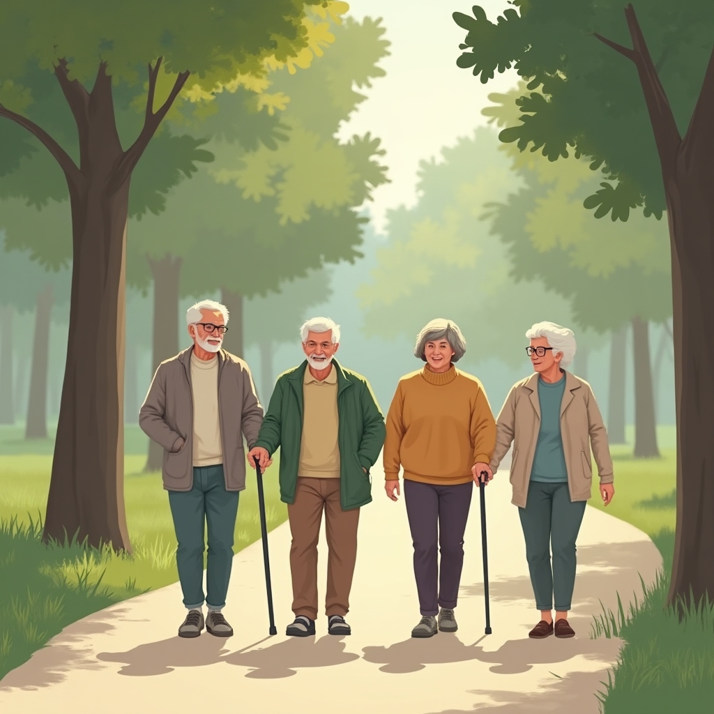 A small group of adults of different ages walking together slowly along a paved path in a park during a guided recovery walk