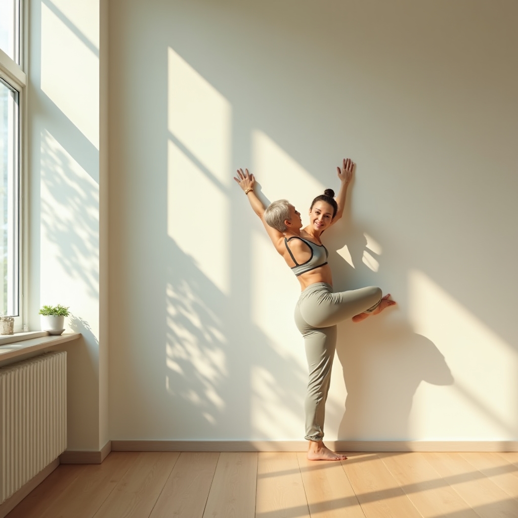 A woman in her forties performing a gentle supported stretch in a bright studio during early return-to-exercise practice