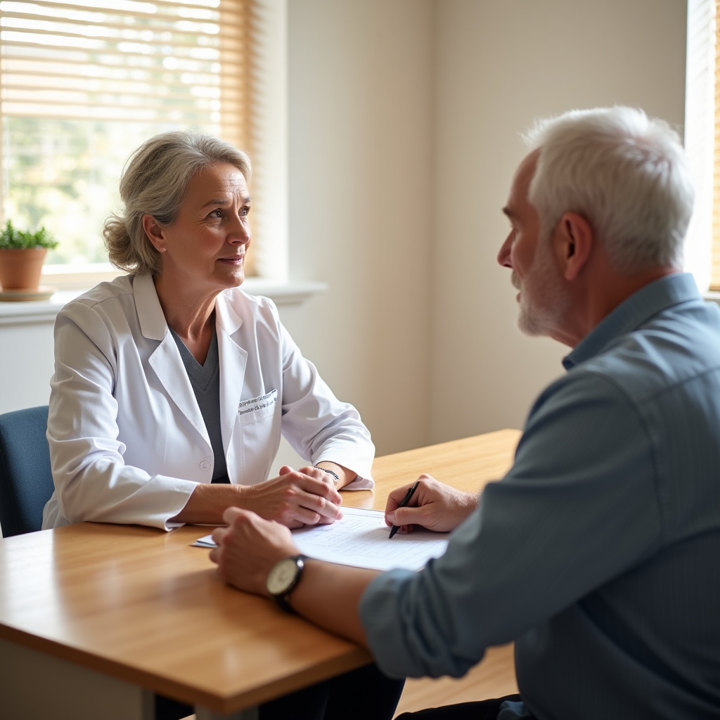 A physician in a white coat reviewing recovery notes with a patient in his sixties in a bright consultation room