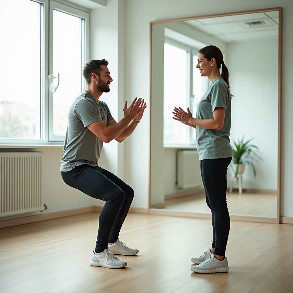A man in his thirties performing a controlled bodyweight squat with a therapist observing form in a rehabilitation studio