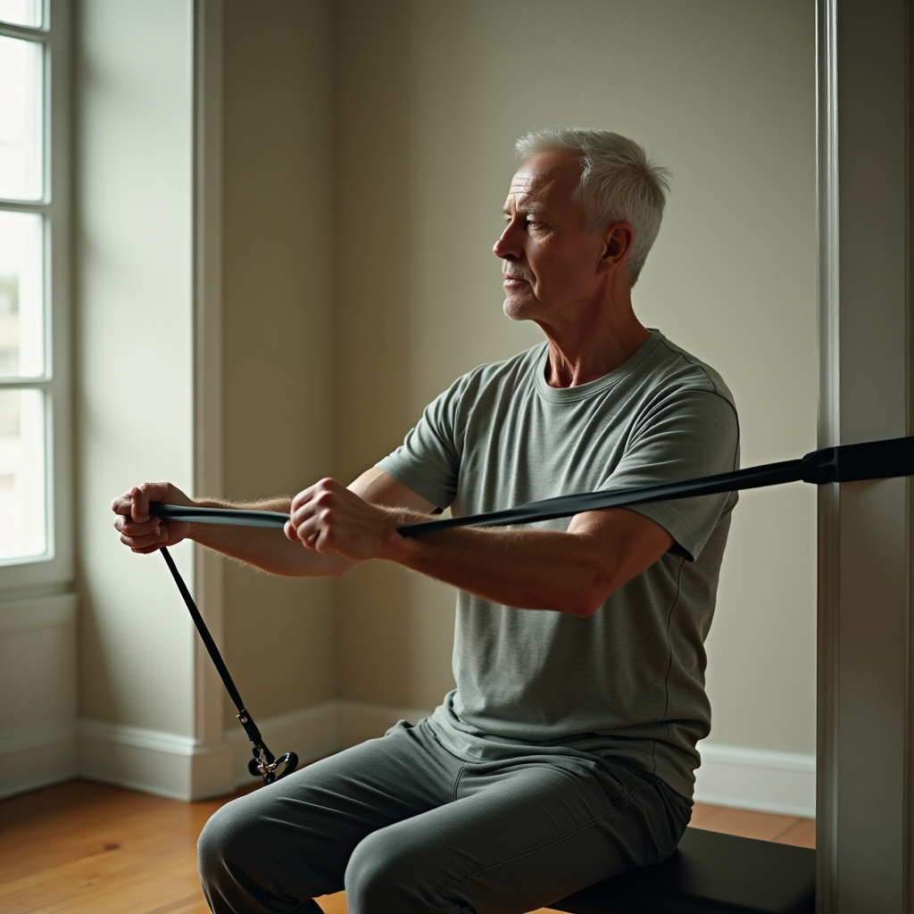 A man in his fifties gently testing a resistance band at low tension during a supervised low-intensity return-to-exercise session