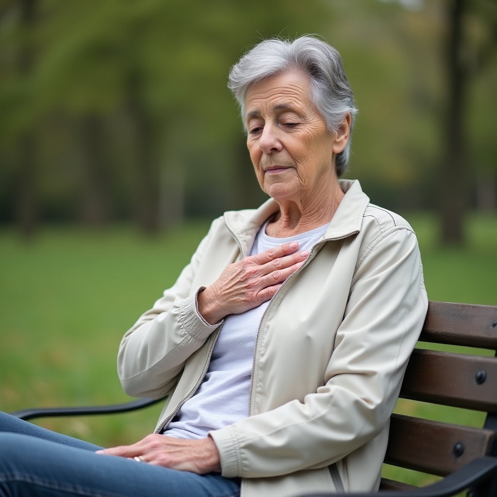 A woman in her sixties checking her breathing and pulse with her hand on her chest during a rest break outdoors