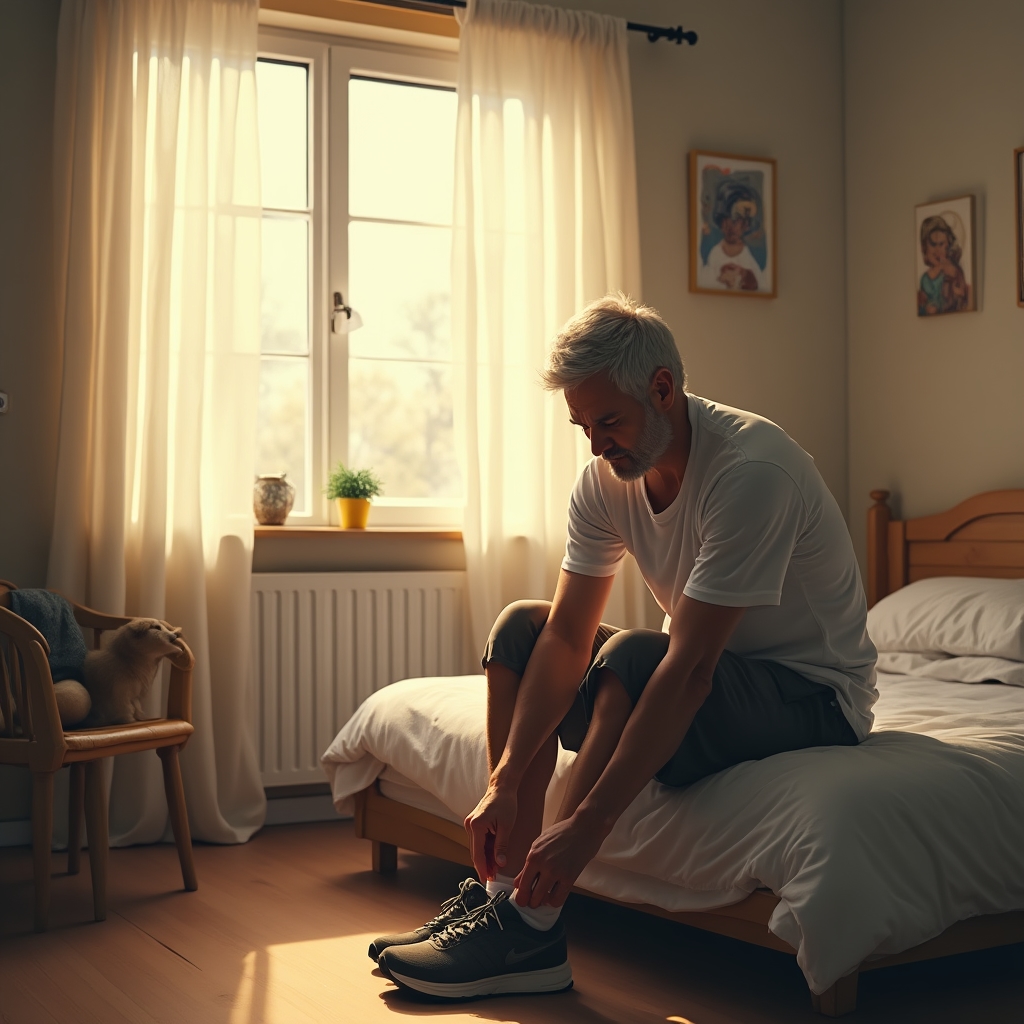 A man in his fifties sitting on the edge of a bed lacing up walking shoes with a determined but tired expression, early morning light